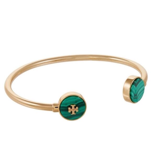 TORY BURCH KIRA SEMIPRECIOUS GREEN MALACHITE OPEN CUFF BRACELET 18K GOLD… - Picture 3 of 4